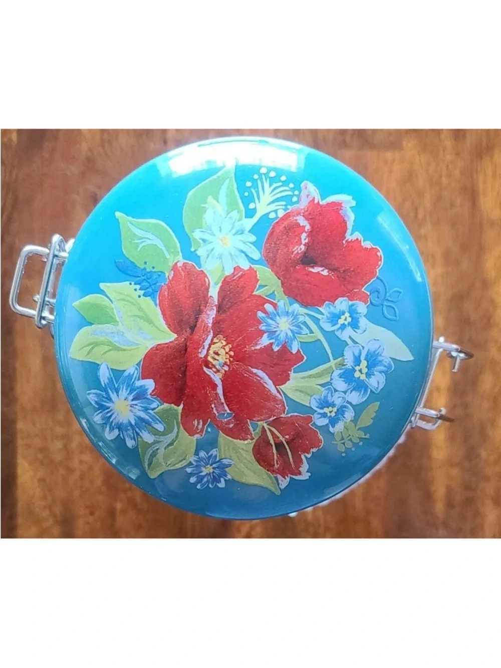 Pioneer Woman Hand-Painted Floral Glass Storage Jar with Blue Lid